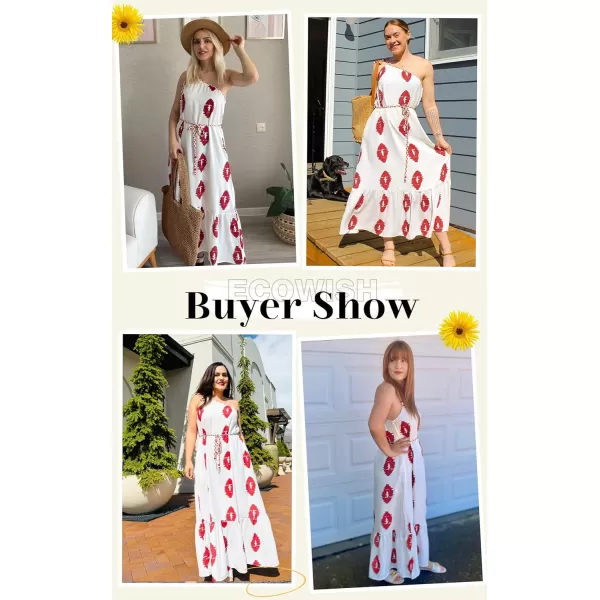 ECOWISH Womens Summer Maxi Dresses One Shoulder Midi Dresses Boho Beach Vacation Long Sundress with PocketsRed