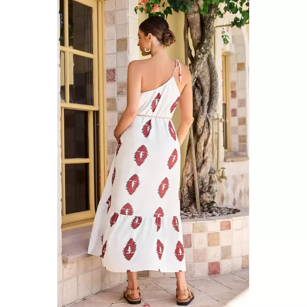 ECOWISH Womens Summer Maxi Dresses One Shoulder Midi Dresses Boho Beach Vacation Long Sundress with PocketsRed