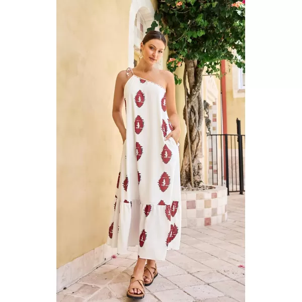 ECOWISH Womens Summer Maxi Dresses One Shoulder Midi Dresses Boho Beach Vacation Long Sundress with PocketsRed