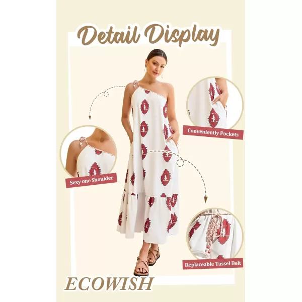 ECOWISH Womens Summer Maxi Dresses One Shoulder Midi Dresses Boho Beach Vacation Long Sundress with PocketsRed