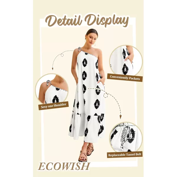 ECOWISH Womens Summer Maxi Dresses One Shoulder Midi Dresses Boho Beach Vacation Long Sundress with PocketsWhite