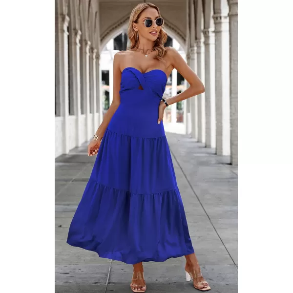 ECOWISH Womens Summer Strapless Maxi Dress 2024 Off Shoulder Hollow Out Smocked A Line Tube Tiered Long DressesBlue