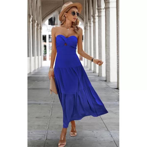 ECOWISH Womens Summer Strapless Maxi Dress 2024 Off Shoulder Hollow Out Smocked A Line Tube Tiered Long DressesBlue