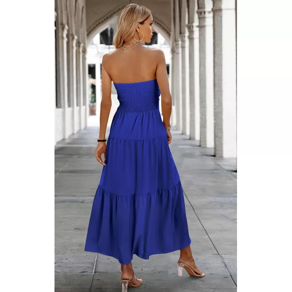 ECOWISH Womens Summer Strapless Maxi Dress 2024 Off Shoulder Hollow Out Smocked A Line Tube Tiered Long DressesBlue