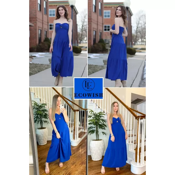 ECOWISH Womens Summer Strapless Maxi Dress 2024 Off Shoulder Hollow Out Smocked A Line Tube Tiered Long DressesBlue
