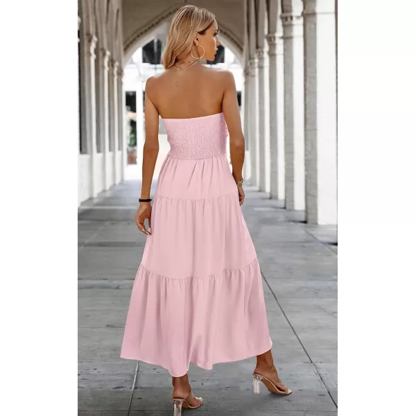 ECOWISH Womens Summer Strapless Maxi Dress 2024 Off Shoulder Hollow Out Smocked A Line Tube Tiered Long DressesLight Pink