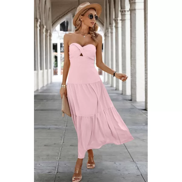 ECOWISH Womens Summer Strapless Maxi Dress 2024 Off Shoulder Hollow Out Smocked A Line Tube Tiered Long DressesLight Pink