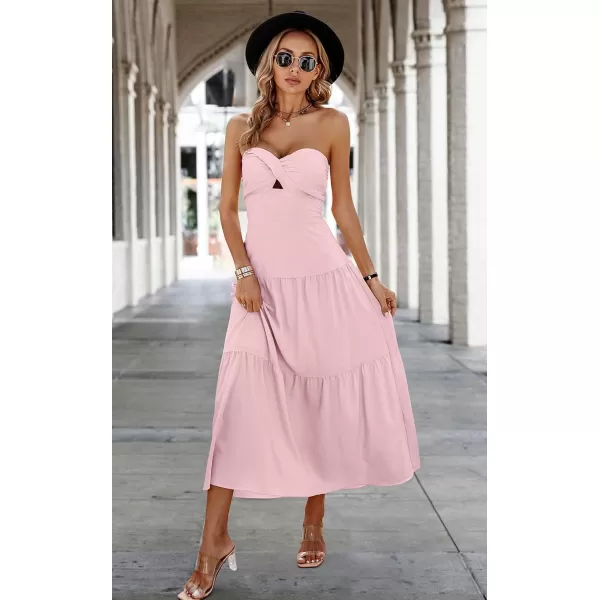 ECOWISH Womens Summer Strapless Maxi Dress 2024 Off Shoulder Hollow Out Smocked A Line Tube Tiered Long DressesLight Pink