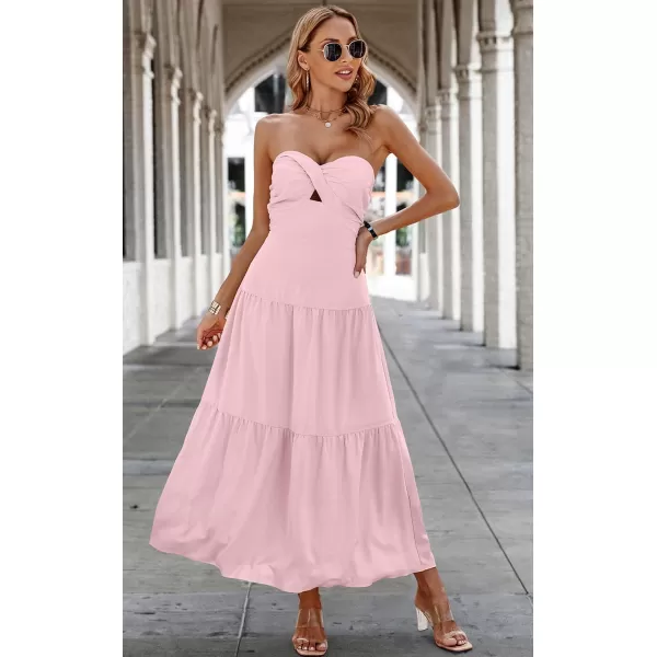 ECOWISH Womens Summer Strapless Maxi Dress 2024 Off Shoulder Hollow Out Smocked A Line Tube Tiered Long DressesLight Pink