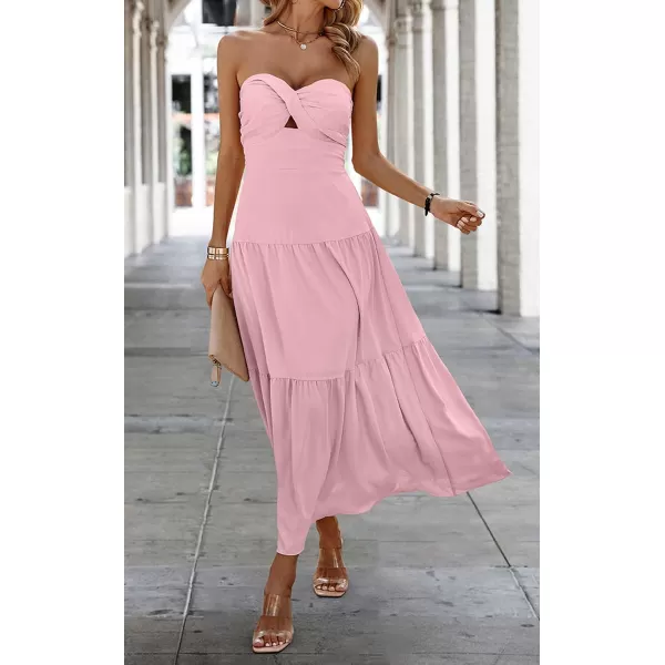 ECOWISH Womens Summer Strapless Maxi Dress 2024 Off Shoulder Hollow Out Smocked A Line Tube Tiered Long DressesLight Pink
