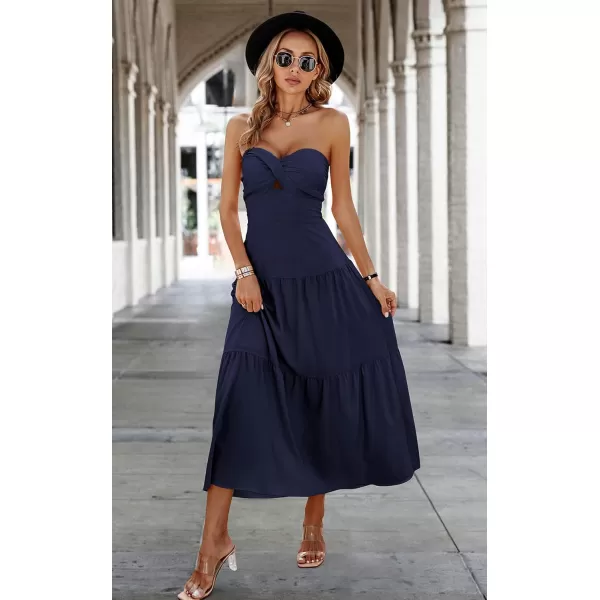ECOWISH Womens Summer Strapless Maxi Dress 2024 Off Shoulder Hollow Out Smocked A Line Tube Tiered Long DressesNavy