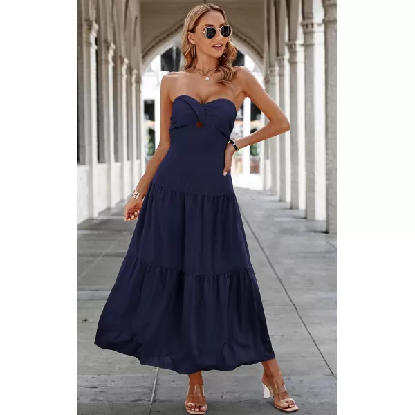ECOWISH Womens Summer Strapless Maxi Dress 2024 Off Shoulder Hollow Out Smocked A Line Tube Tiered Long DressesNavy