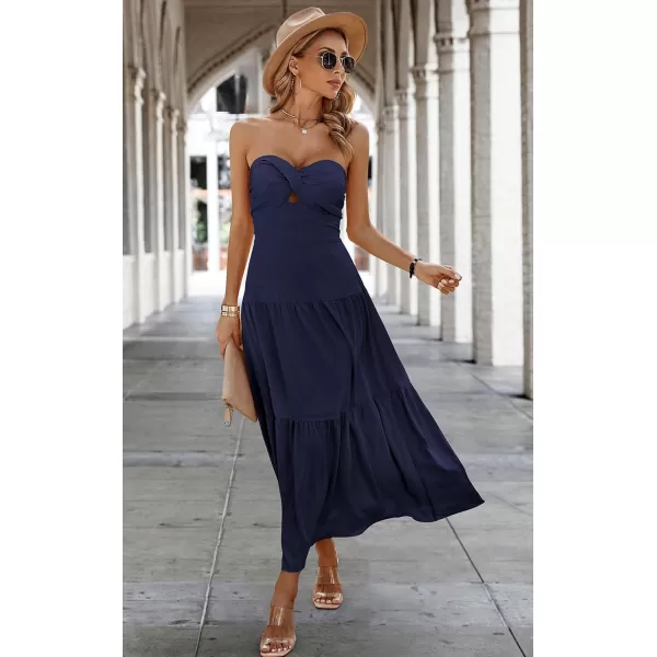 ECOWISH Womens Summer Strapless Maxi Dress 2024 Off Shoulder Hollow Out Smocked A Line Tube Tiered Long DressesNavy