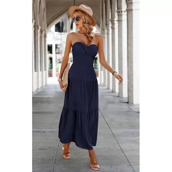 ECOWISH Womens Summer Strapless Maxi Dress 2024 Off Shoulder Hollow Out Smocked A Line Tube Tiered Long DressesNavy