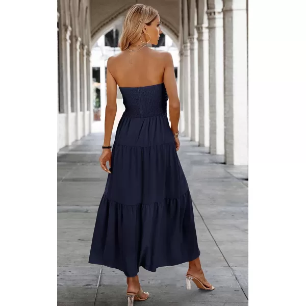 ECOWISH Womens Summer Strapless Maxi Dress 2024 Off Shoulder Hollow Out Smocked A Line Tube Tiered Long DressesNavy