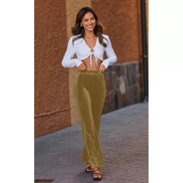 ECOWISH Womens Velvet Pants Elastic High Waist Palazzo Pants Casual Flare Long TrousersKhaki