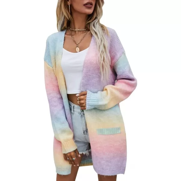 ECOWISH Cardigan Sweater for Women Fall Fashion Outfit Trendy Knit Long Open Front Rainbow Outwear Colorblock Striped Jacket183 Pink