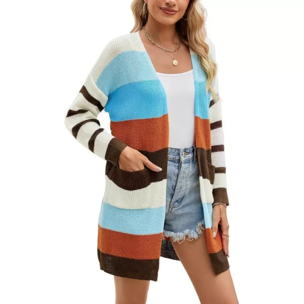 ECOWISH Cardigan Sweaters for Women Fall Causal Color Block Striped Long Sleeve Open Front Cozy Knitted Coats Spring OutwearDark Brown