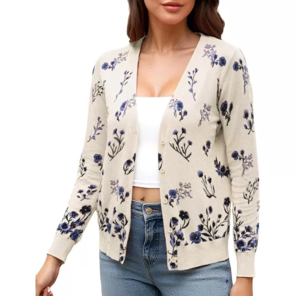 ECOWISH Cardigan Sweaters for Women Lightweight Fall Dressy Long Sleeve Knitted Floral Printed Open Front Button Down VNeckBeige