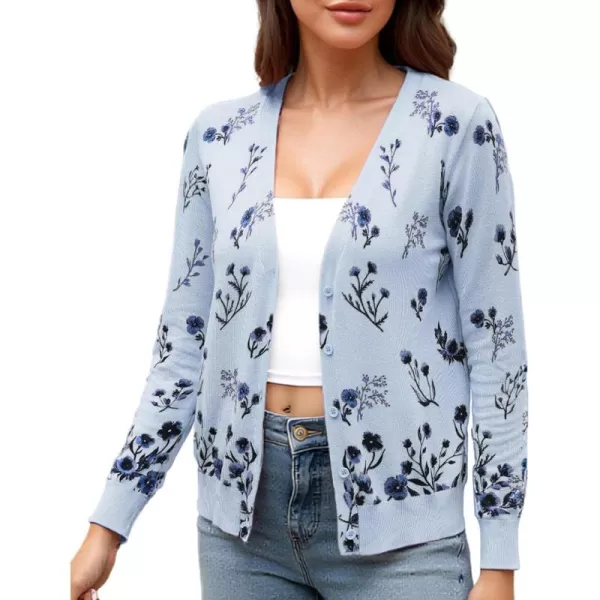 ECOWISH Cardigan Sweaters for Women Lightweight Fall Dressy Long Sleeve Knitted Floral Printed Open Front Button Down VNeckLight Blue