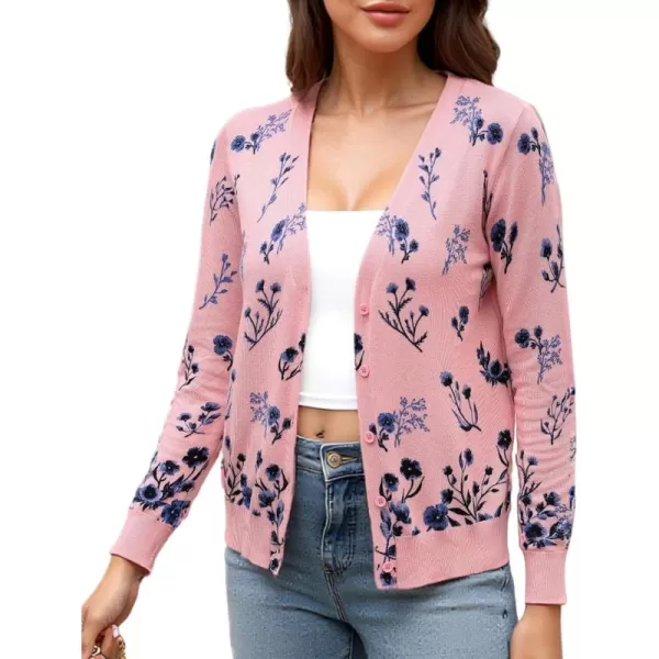 ECOWISH Cardigan Sweaters for Women Lightweight Fall Dressy Long Sleeve Knitted Floral Printed Open Front Button Down VNeckPink