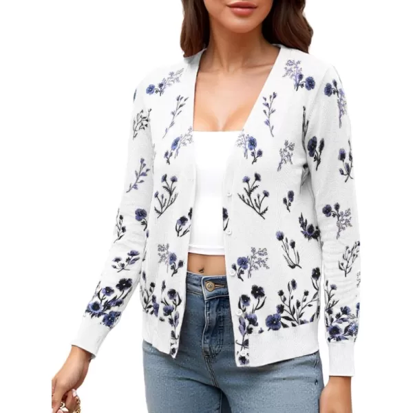 ECOWISH Cardigan Sweaters for Women Lightweight Fall Dressy Long Sleeve Knitted Floral Printed Open Front Button Down VNeckWhite