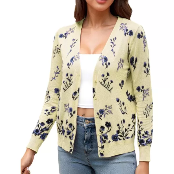 ECOWISH Cardigan Sweaters for Women Lightweight Fall Dressy Long Sleeve Knitted Floral Printed Open Front Button Down VNeckYellow