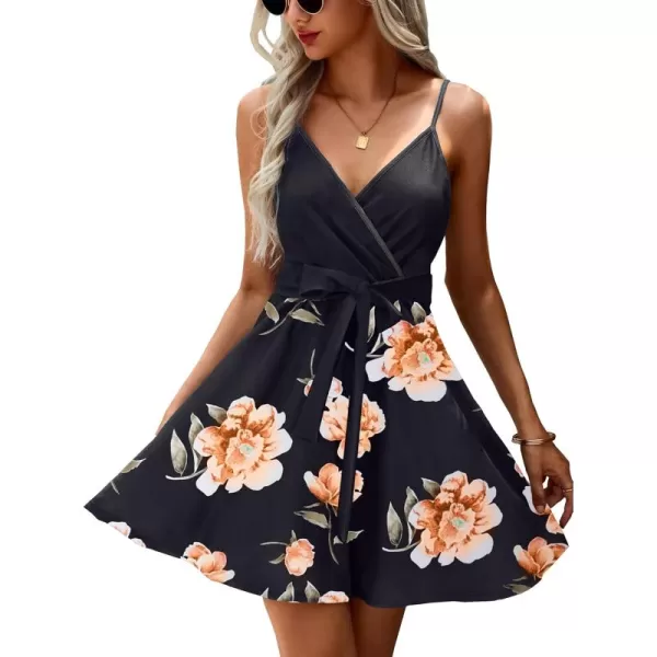 ECOWISH Dresses for Women 2024 Summer VNeck Spaghetti Strap Bowknot Backless Sleeveless Lace Mini Swing Skater Dress3254 Black Pink