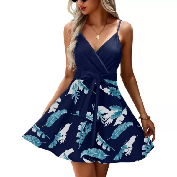 ECOWISH Dresses for Women 2024 Summer VNeck Spaghetti Strap Bowknot Backless Sleeveless Lace Mini Swing Skater Dress3254 Navy Leaves