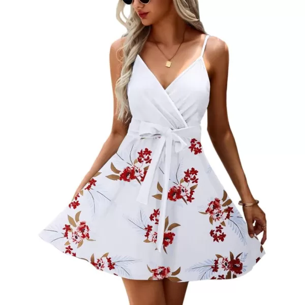 ECOWISH Dresses for Women 2024 Summer VNeck Spaghetti Strap Bowknot Backless Sleeveless Lace Mini Swing Skater Dress3254 White Red