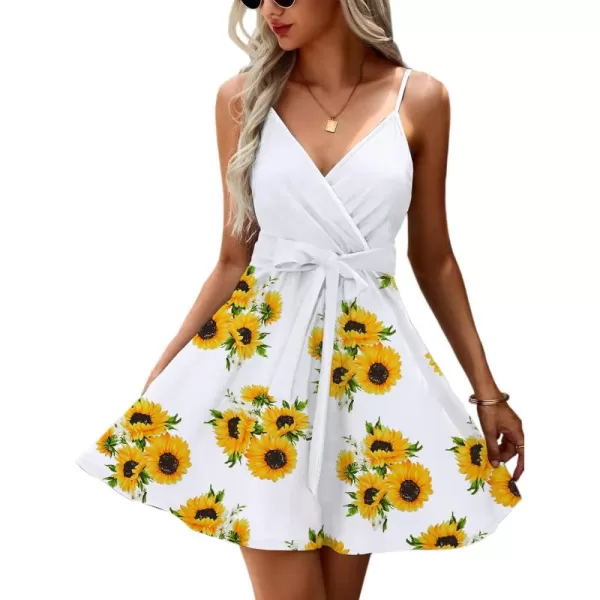 ECOWISH Dresses for Women 2024 Summer VNeck Spaghetti Strap Bowknot Backless Sleeveless Lace Mini Swing Skater Dress3254 White Yellow