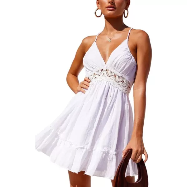 ECOWISH Dresses for Women 2024 Summer VNeck Spaghetti Strap Bowknot Backless Sleeveless Lace Mini Swing Skater DressWhite 2