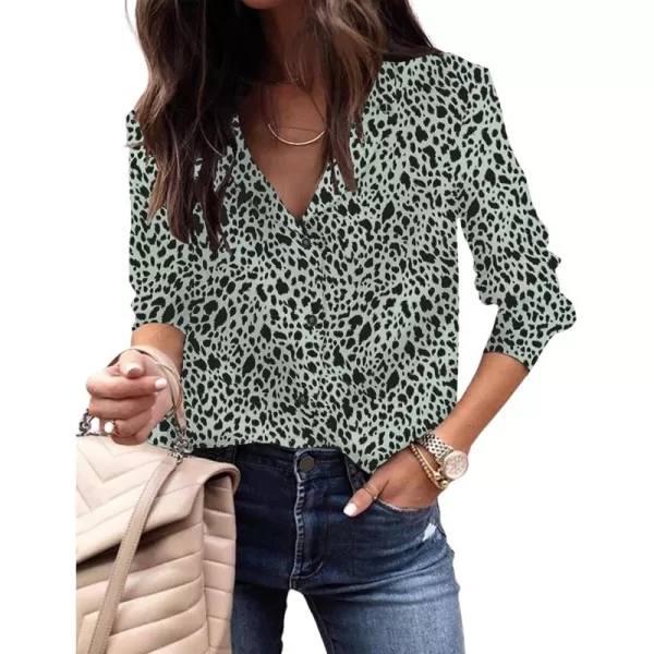 ECOWISH Long Sleeve Shirts for Women Button Down Casual Fall Tops V Neck Polka Dot Trendy Tunic Dressy Fashion Spring Blouse131 Green