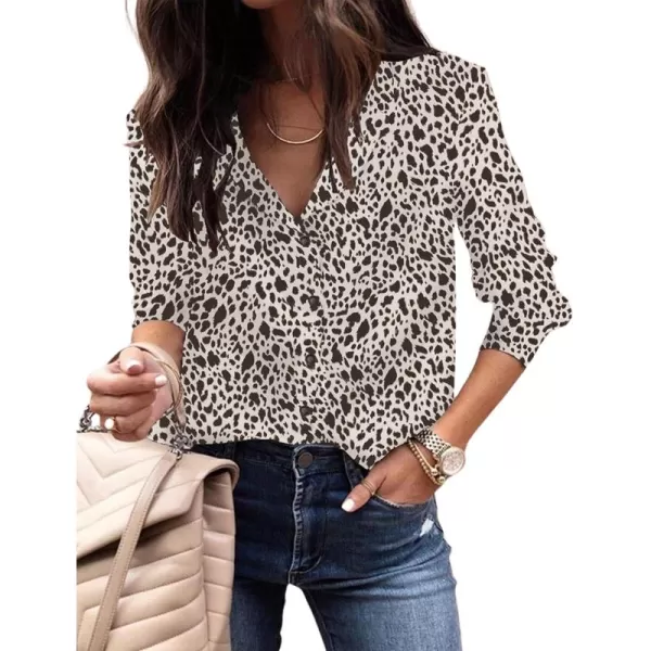 ECOWISH Long Sleeve Shirts for Women Button Down Casual Fall Tops V Neck Polka Dot Trendy Tunic Dressy Fashion Spring Blouse131 White