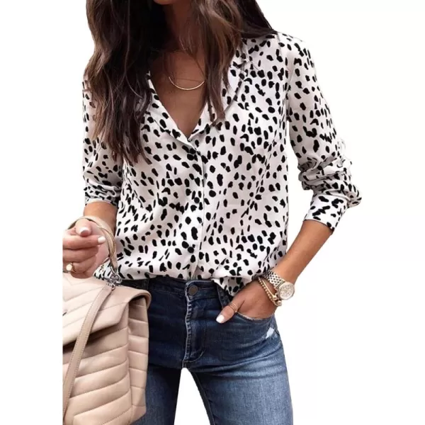 ECOWISH Long Sleeve Shirts for Women Button Down Casual Fall Tops V Neck Polka Dot Trendy Tunic Dressy Fashion Spring Blouse2351 White