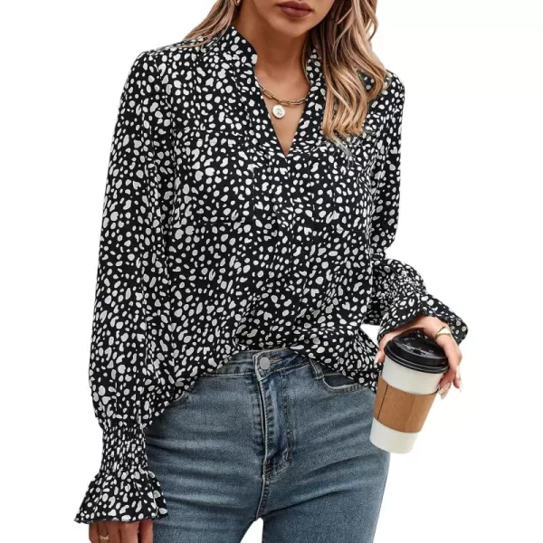 ECOWISH Long Sleeve Shirts for Women Button Down Casual Fall Tops V Neck Polka Dot Trendy Tunic Dressy Fashion Spring BlouseBlack White