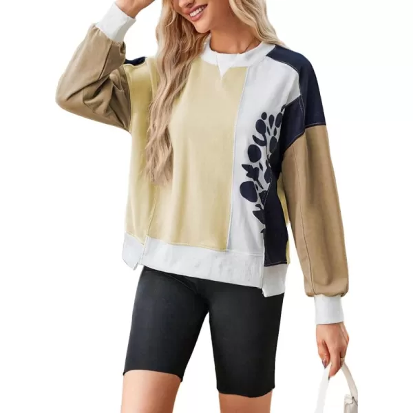 ECOWISH Oversized Sweatshirt for Women Color Block Crewneck Long Sleeve Shirts Casual Workout Pullover Tops Fall ClothesApricot Khaki