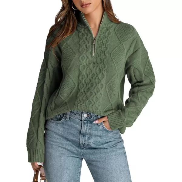 ECOWISH Pullover Sweaters for Women 2024 Fall Casual Long Sleeve Quarter Zip Turtleneck Cable Knit Sweater Jumper TopsArmy Green