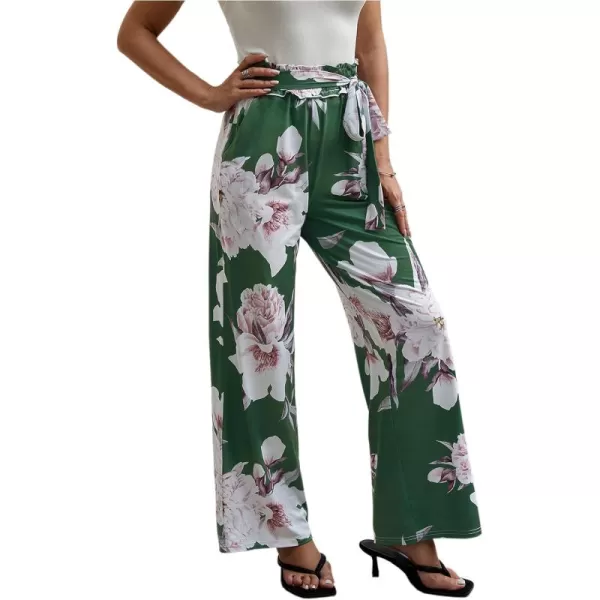 ECOWISH Wide Leg Pants for Women Summer 2024 Palazzo Tropical Floral Casual High Waist Flared Trousers with Pockets185 Green