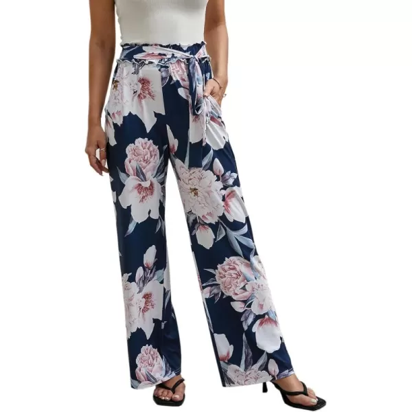 ECOWISH Wide Leg Pants for Women Summer 2024 Palazzo Tropical Floral Casual High Waist Flared Trousers with Pockets185 Navy