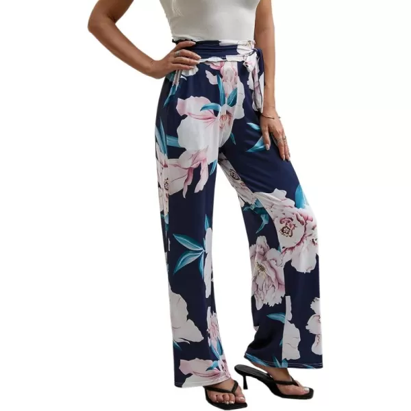 ECOWISH Wide Leg Pants for Women Summer 2024 Palazzo Tropical Floral Casual High Waist Flared Trousers with Pockets185 Navy Blue Leaf Pink Flower