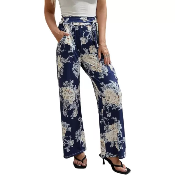 ECOWISH Wide Leg Pants for Women Summer 2024 Palazzo Tropical Floral Casual High Waist Flared Trousers with Pockets185 Navy White Flower
