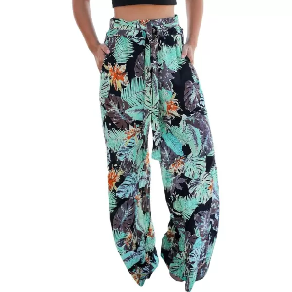 ECOWISH Wide Leg Pants for Women Summer 2024 Palazzo Tropical Floral Casual High Waist Flared Trousers with PocketsBlack
