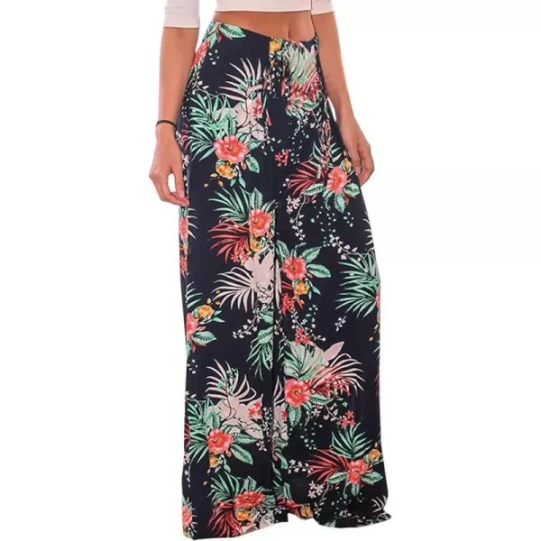 ECOWISH Wide Leg Pants for Women Summer 2024 Palazzo Tropical Floral Casual High Waist Flared Trousers with PocketsNavy Blue
