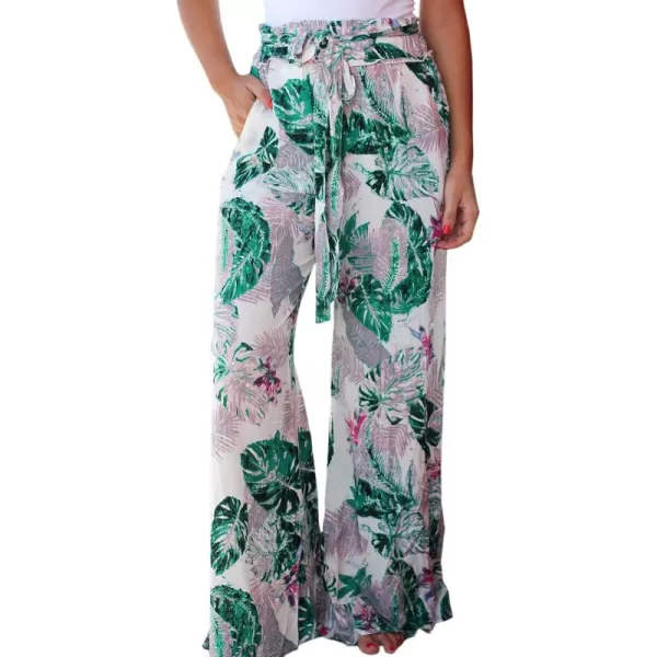 ECOWISH Wide Leg Pants for Women Summer 2024 Palazzo Tropical Floral Casual High Waist Flared Trousers with PocketsWhite