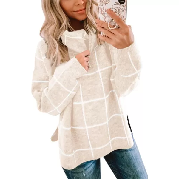 ECOWISH Women Fall Pullover Sweater Turtleneck Plaid Long Sleeve Loose Casual Chunky Checked Knit Winter Sweaters Jumper Tops014beige