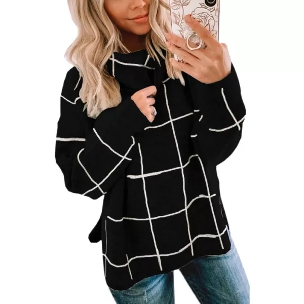 ECOWISH Women Fall Pullover Sweater Turtleneck Plaid Long Sleeve Loose Casual Chunky Checked Knit Winter Sweaters Jumper Tops014black