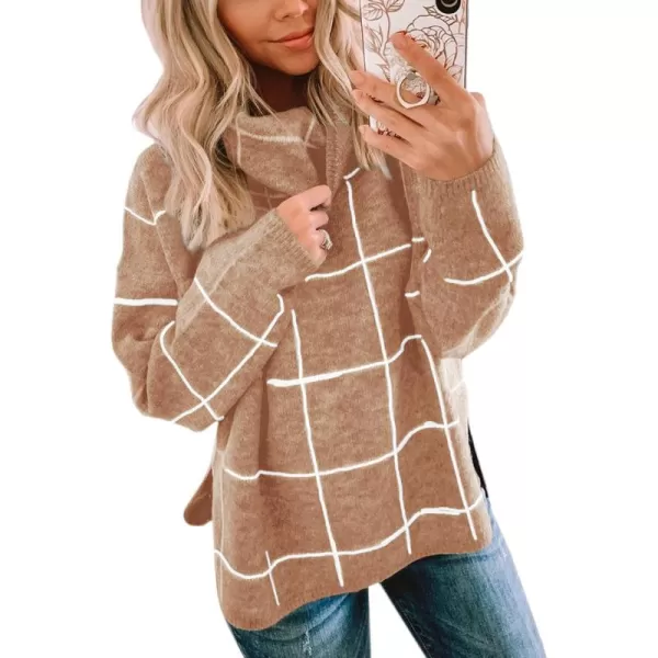 ECOWISH Women Fall Pullover Sweater Turtleneck Plaid Long Sleeve Loose Casual Chunky Checked Knit Winter Sweaters Jumper Tops014khaki