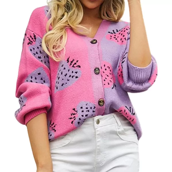 ECOWISH Women Floral Cropped Cardigan Fall Long Sleeve Open Front Fuzzy Daisy Print Knit Sweaters Casual Y2k OuterwearStrawberrypink