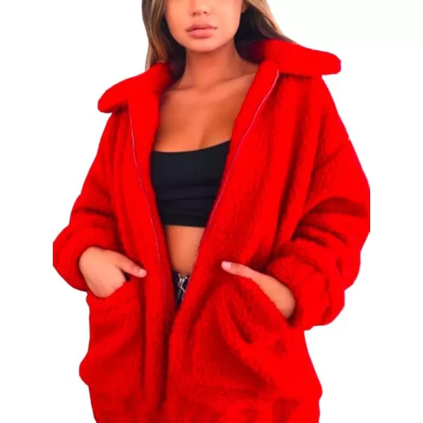 ECOWISH Women Jacket Winter Coat  2024 Fur Fleece Long Sleeve Sherpa Faux Fuzzy Fall Teddy Fluffy Zip Lapel OutfitsRed